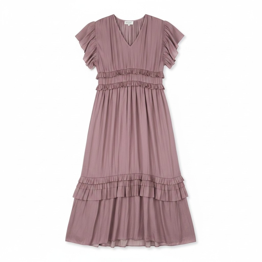 Böhme Dusty Mauve Willa Ruffle Tiered Maxi Dress Flutter Sleeve Size M Boho
